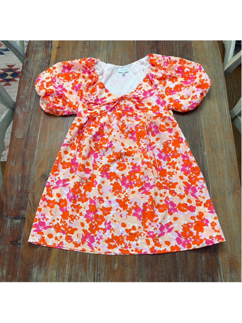 LUCY PARIS Pink & Orange Floral Puff Sleeve Toulouse Tie Babydoll Mini Dress S